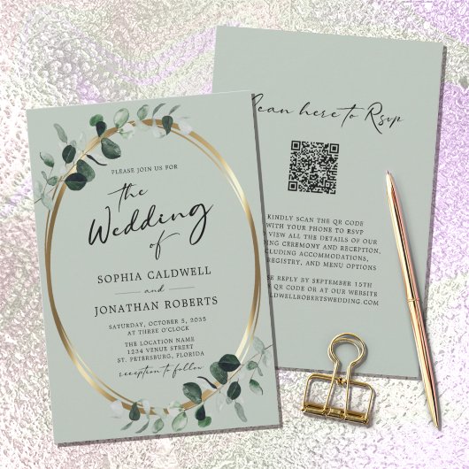 QR-code RSVP Eucalyptus Calligraphy Sage Weddensch Kaart
