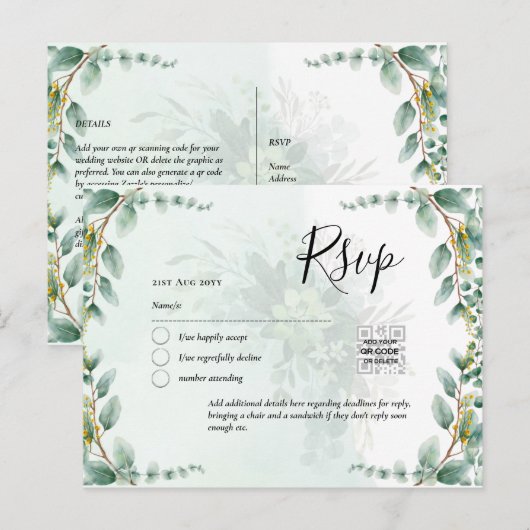 QR CODE RSVP Eucalyptus Leaves Greenery Wedding Po Briefkaart (Voorkant / Achterkant)