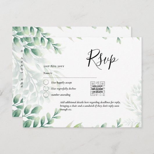 QR CODE RSVP Eucalyptus Leaves Greenery Wedding Po Briefkaart (Voorkant / Achterkant)