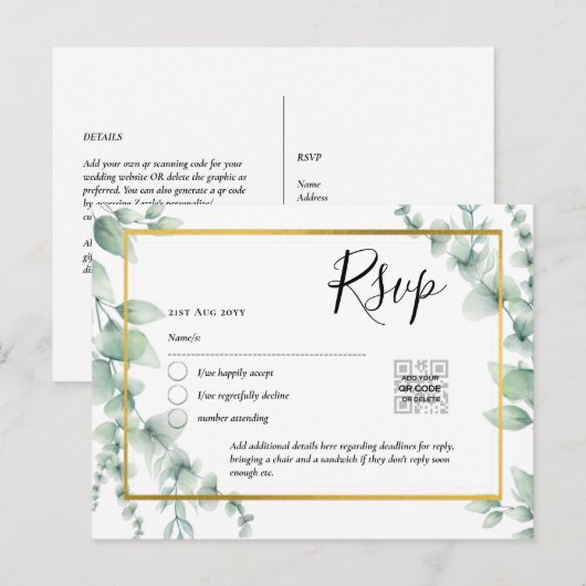 QR CODE RSVP Eucalyptus Leaves Greenery Wedding Po Briefkaart (Voorkant / Achterkant)