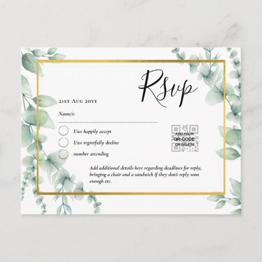 QR CODE RSVP Eucalyptus Leaves Greenery Wedding Po Briefkaart (Voorkant)