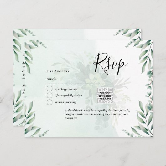 QR CODE RSVP Eucalyptus Leaves Greenery Wedding Po Briefkaart (Voorkant / Achterkant)