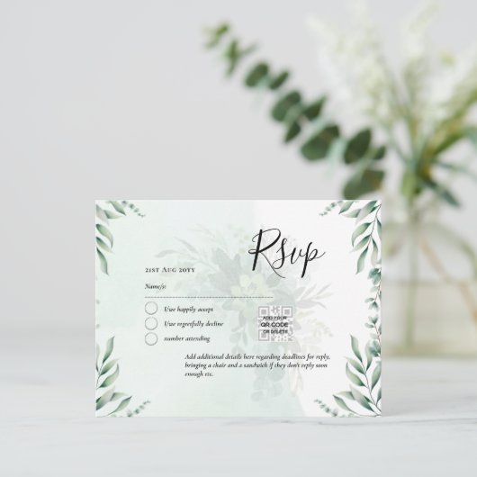 QR CODE RSVP Eucalyptus Leaves Greenery Wedding Po Briefkaart (Staand voorkant)