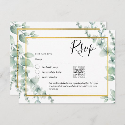 QR CODE RSVP Eucalyptus Leaves Greenery Wedding Po Briefkaart (Voorkant / Achterkant)