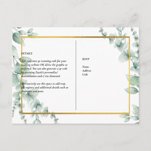 QR CODE RSVP Eucalyptus Leaves Greenery Wedding Po Briefkaart (Achterkant)