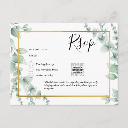 QR CODE RSVP Eucalyptus Leaves Greenery Wedding Po Briefkaart (Voorkant)