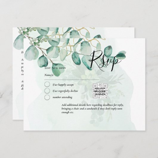 QR CODE RSVP Eucalyptus Leaves Greenery Wedding Po Briefkaart (Voorkant / Achterkant)