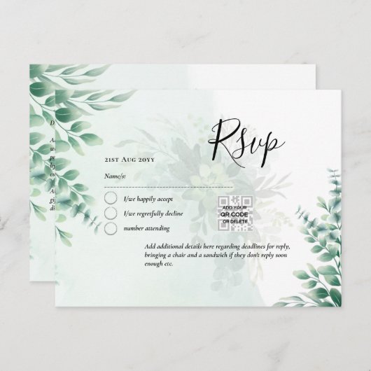 QR CODE RSVP Eucalyptus Leaves Greenery Wedding Po Briefkaart (Voorkant / Achterkant)