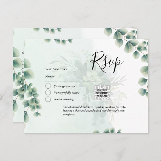 QR CODE RSVP Eucalyptusbladeren Groene Huwelijks U Briefkaart (Voorkant / Achterkant)