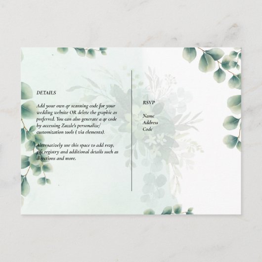 QR CODE RSVP Eucalyptusbladeren Groene Huwelijks U Briefkaart (Achterkant)