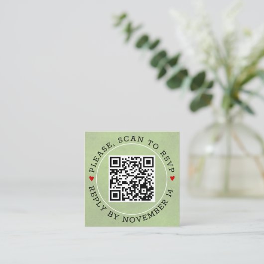 QR-code RSVP gekleurd sage groen en hartenbruiloft Informatiekaartje (Staand voorkant)