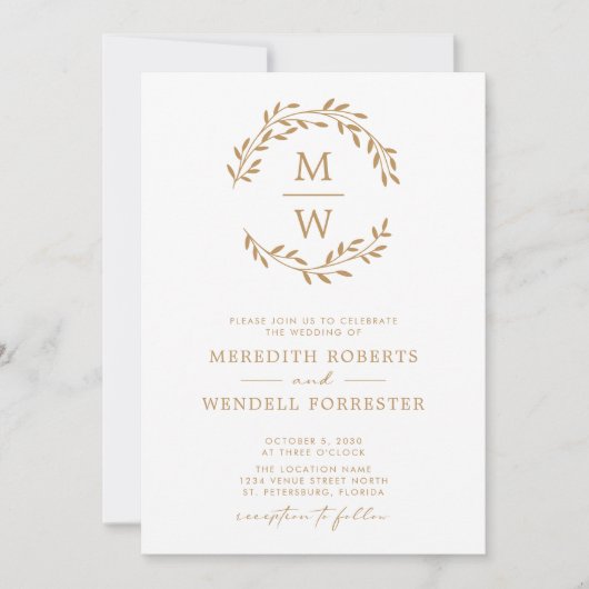 QR-code RSVP Gold op White Monogram Wreath Weddens Kaart (Voorkant)