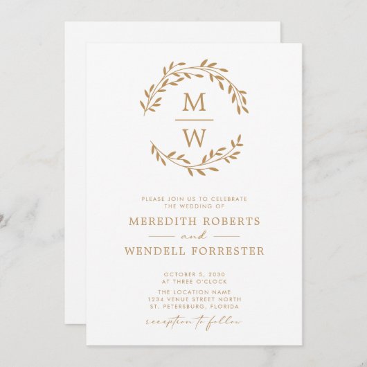 QR-code RSVP Gold op White Monogram Wreath Weddens Kaart (Voorkant / Achterkant)