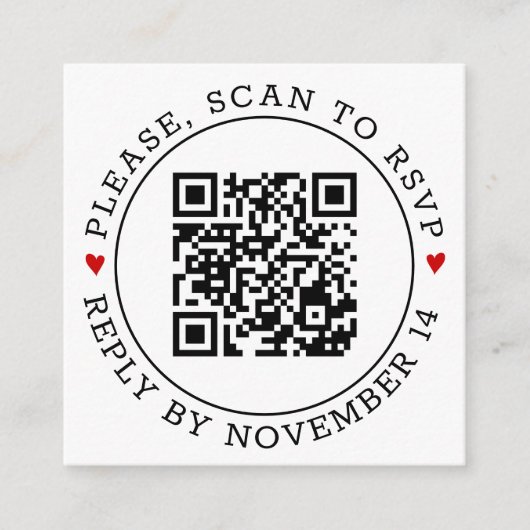 QR-code RSVP-grens en hart zwarte witte bruiloft Informatiekaartje (Voorkant)
