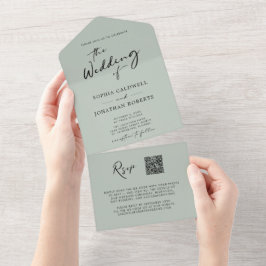 QR Code RSVP Kalligrafie Sage Groene Bruiloft All In One Uitnodiging