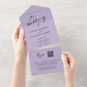 QR-code RSVP kalligrafie Trendy Lavender Weddensch All In One Uitnodiging