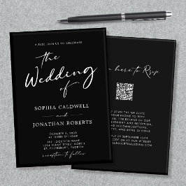 QR-code RSVP-kalligrafie zwart en wit huwelijk I Kaart