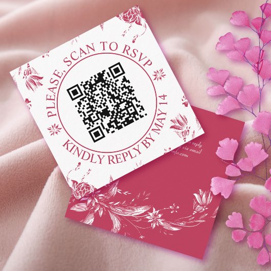 QR code RSVP, magenta bloemen bloemenbruiloft Informatiekaartje
