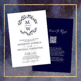 QR Code RSVP Marine Blauw Monogram Krans Bruiloft Kaart
