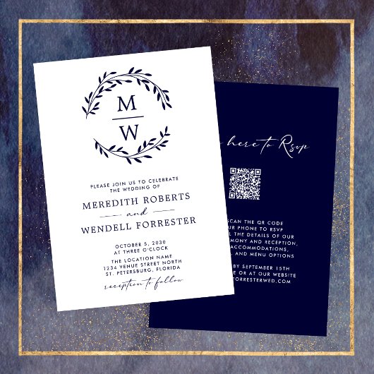 QR Code RSVP Marine Blauw Monogram Krans Bruiloft Kaart