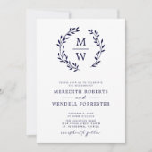QR Code RSVP Marine Blauw Monogram Krans Bruiloft Kaart (Voorkant)