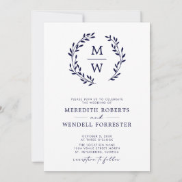 QR Code RSVP Marine Blauw Monogram Krans Bruiloft Kaart