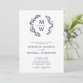 QR Code RSVP Marine Blauw Monogram Krans Bruiloft Kaart (Staand voorkant)