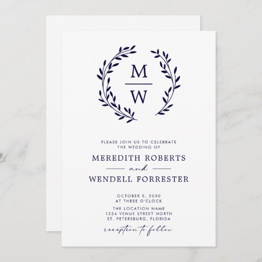 QR Code RSVP Marine Blauw Monogram Krans Bruiloft Kaart (Voorkant / Achterkant)