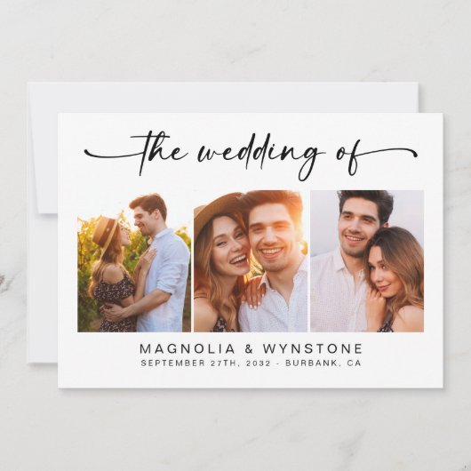 QR-code RSVP | Moderne drie fotobruiloft Kaart (Voorkant)