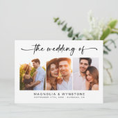 QR-code RSVP | Moderne drie fotobruiloft Kaart (Staand voorkant)