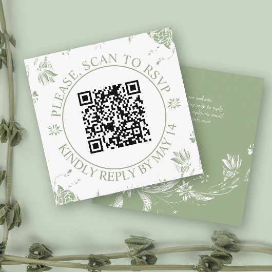 QR code RSVP, salie groene bloemen bloemenbruiloft Informatiekaartje