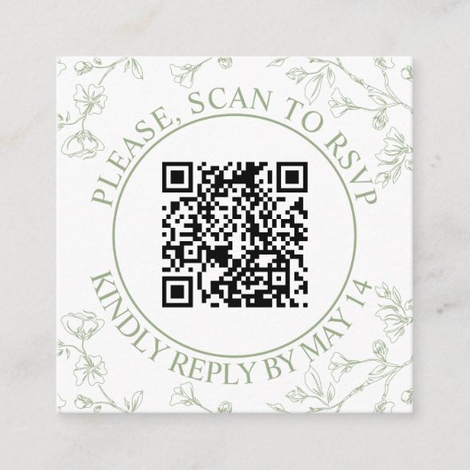QR-code RSVP, saliegroene bloesems bloemachtige br Informatiekaartje (Voorkant)