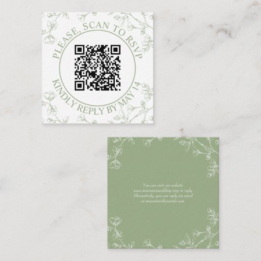 QR-code RSVP, saliegroene bloesems bloemachtige br Informatiekaartje (Voorkant / Achterkant)