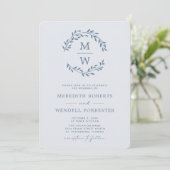 QR-code RSVP Stusty Blue Monogram Wreatw Weddensch Kaart (Staand voorkant)