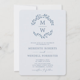 QR-code RSVP Stusty Blue Monogram Wreatw Weddensch Kaart
