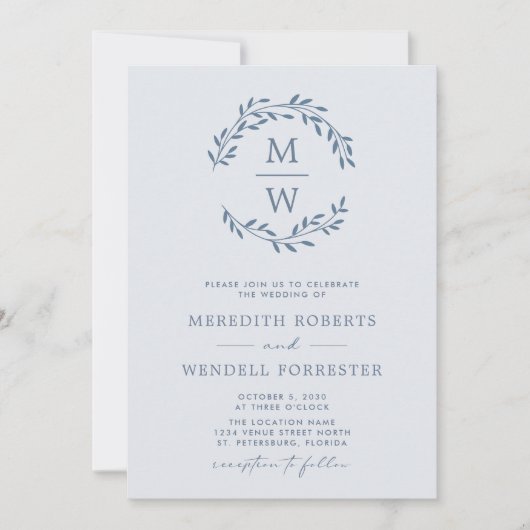 QR-code RSVP Stusty Blue Monogram Wreatw Weddensch Kaart (Voorkant)