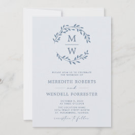 QR-code RSVP Stusty Blue Monogram Wreatw Weddensch Kaart