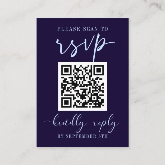 QR-code RSVP Weddenschap Donkere blauwe kleurige F Informatiekaartje (Voorkant)