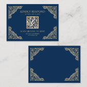 QR-code RSVP Weddenschap Website blauwe en gouden  Informatiekaartje (Voorkant / Achterkant)