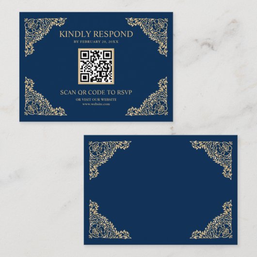 QR-code RSVP Weddenschap Website blauwe en gouden  Informatiekaartje (Voorkant / Achterkant)