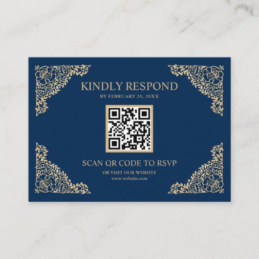 QR-code RSVP Weddenschap Website blauwe en gouden  Informatiekaartje (Voorkant)