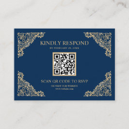 QR-code RSVP Weddenschap Website blauwe en gouden  Informatiekaartje