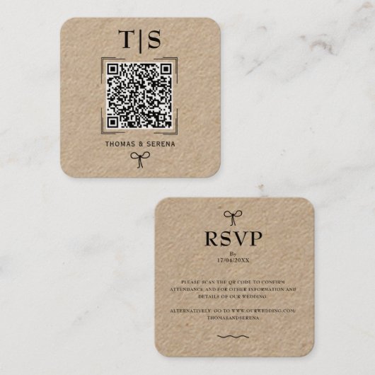 QR Code Rustic Kraft (bewerkbaar) Budget Bruiloft Vierkante Visitekaartje (Voorkant / Achterkant)