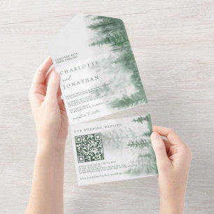 QR-code Rustic Mountain Forest Waterverf Wedding All In One Uitnodiging