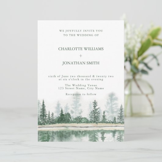 QR-code Rustic Mountain Forest Waterverf Wedding Kaart (Staand voorkant)