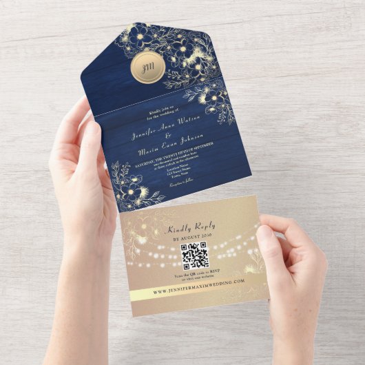 QR Code Rustic Navy Rose Gold Wedding All In One Uitnodiging (Afscheurbaar)