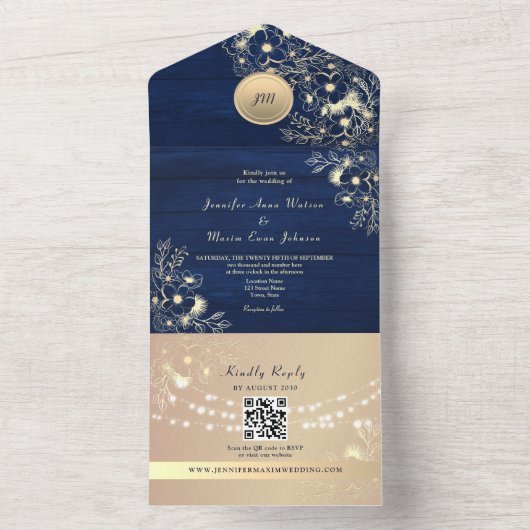QR Code Rustic Navy Rose Gold Wedding All In One Uitnodiging (Binnen)