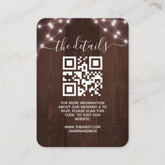 QR Code Rustic String Lights Weddenschap Informati Informatiekaartje (Voorkant)
