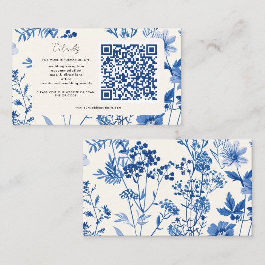 QR-code Rustiek Blauw Wildflower Wedding Informatiekaartje (Voorkant / Achterkant)