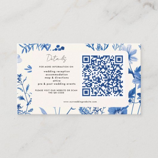 QR-code Rustiek Blauw Wildflower Wedding Informatiekaartje (Voorkant)